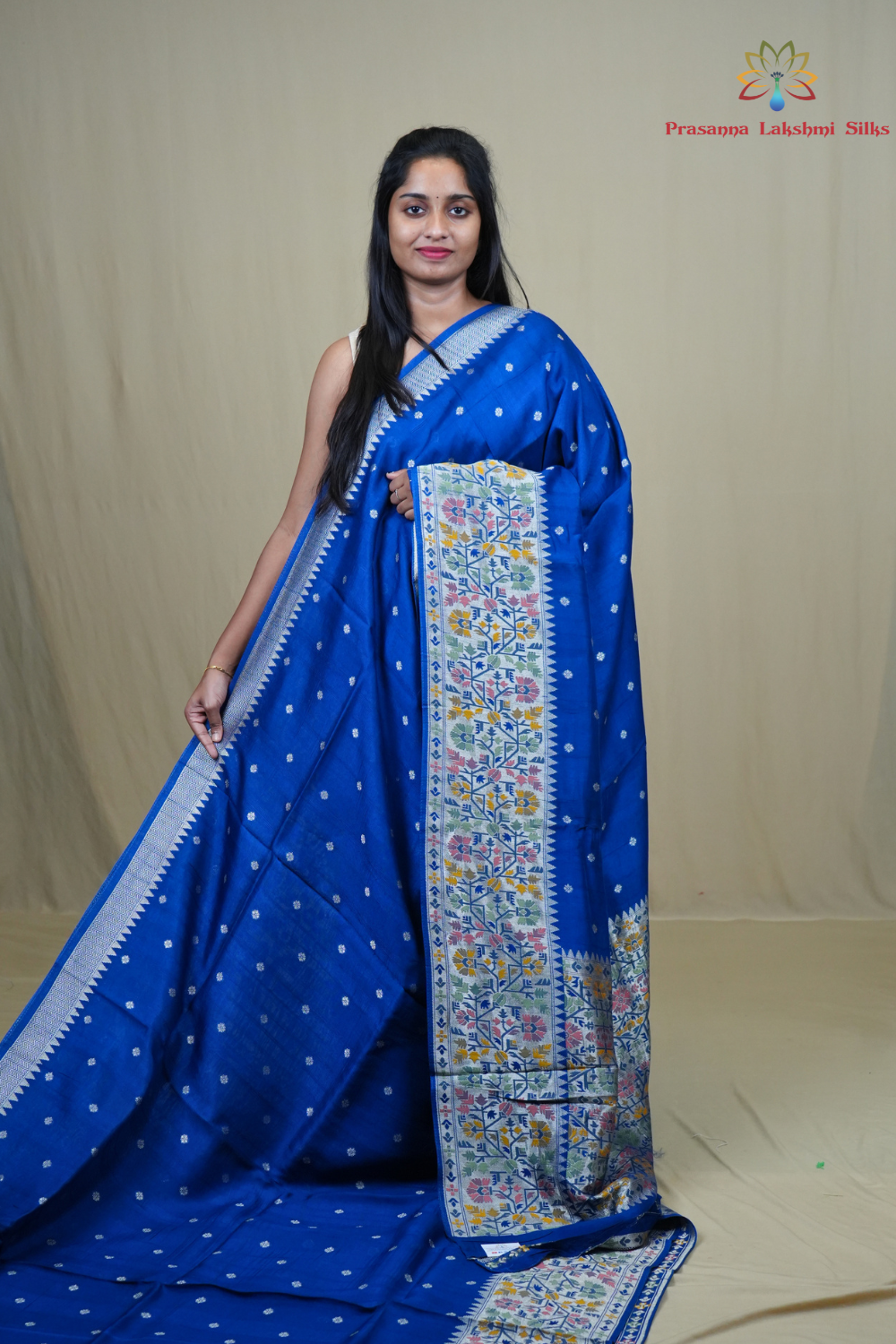 Tussar Georgette Saree with all-over silver zari woven motifs and floral Meenakari borders.
