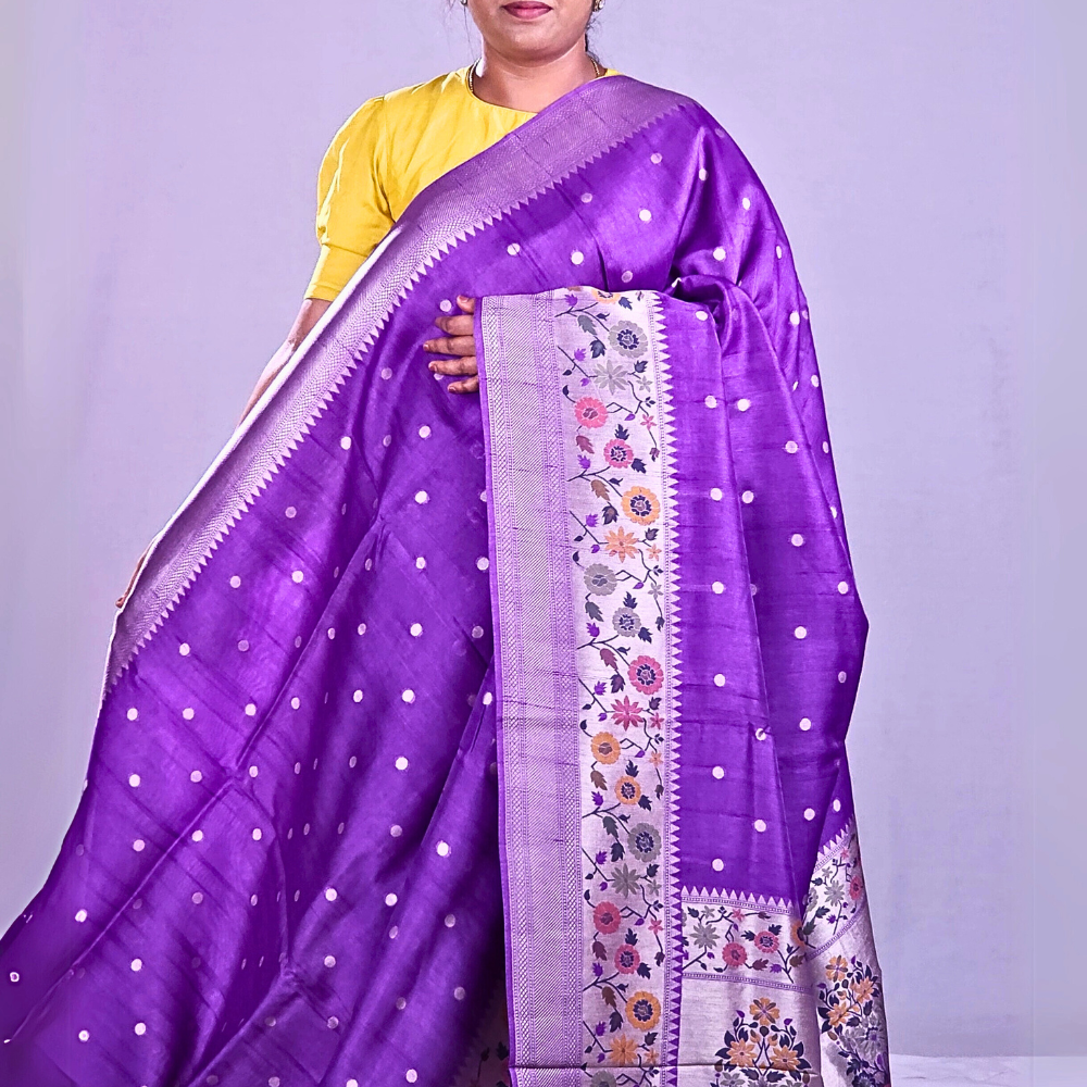 Lavender"Banarasi Tussar Georgette saree with floral borders."