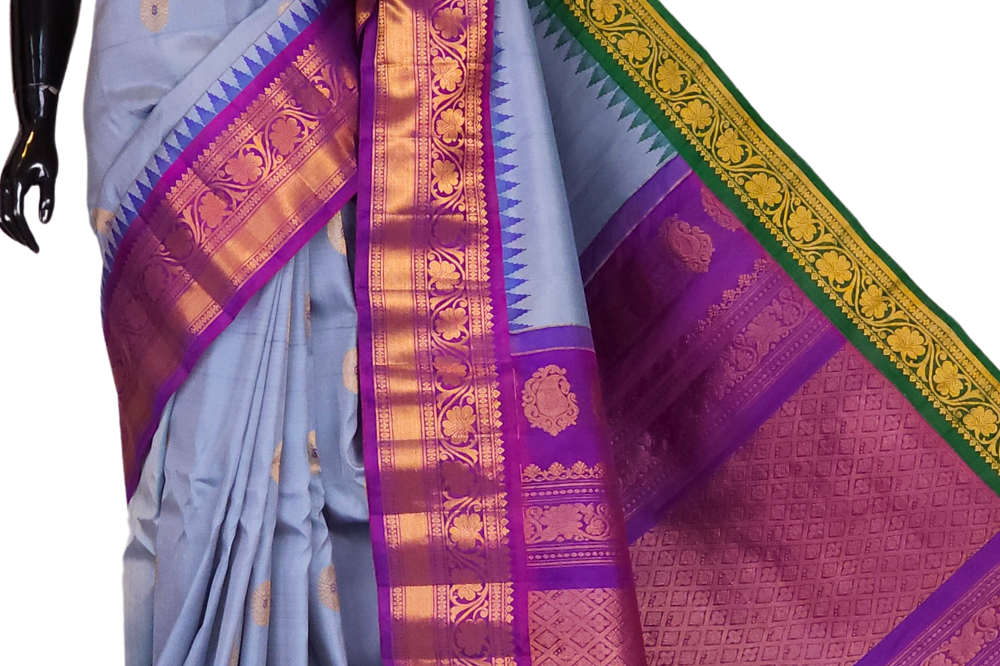 Greyish Blue Gadwal Silk Saree