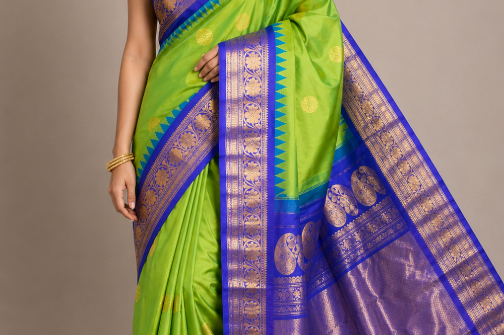 Handloom Gadwal pure silk saree with zari woven motifs
