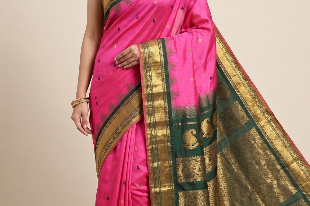 Handloom Gadwal pure silk saree with zari woven motifs
