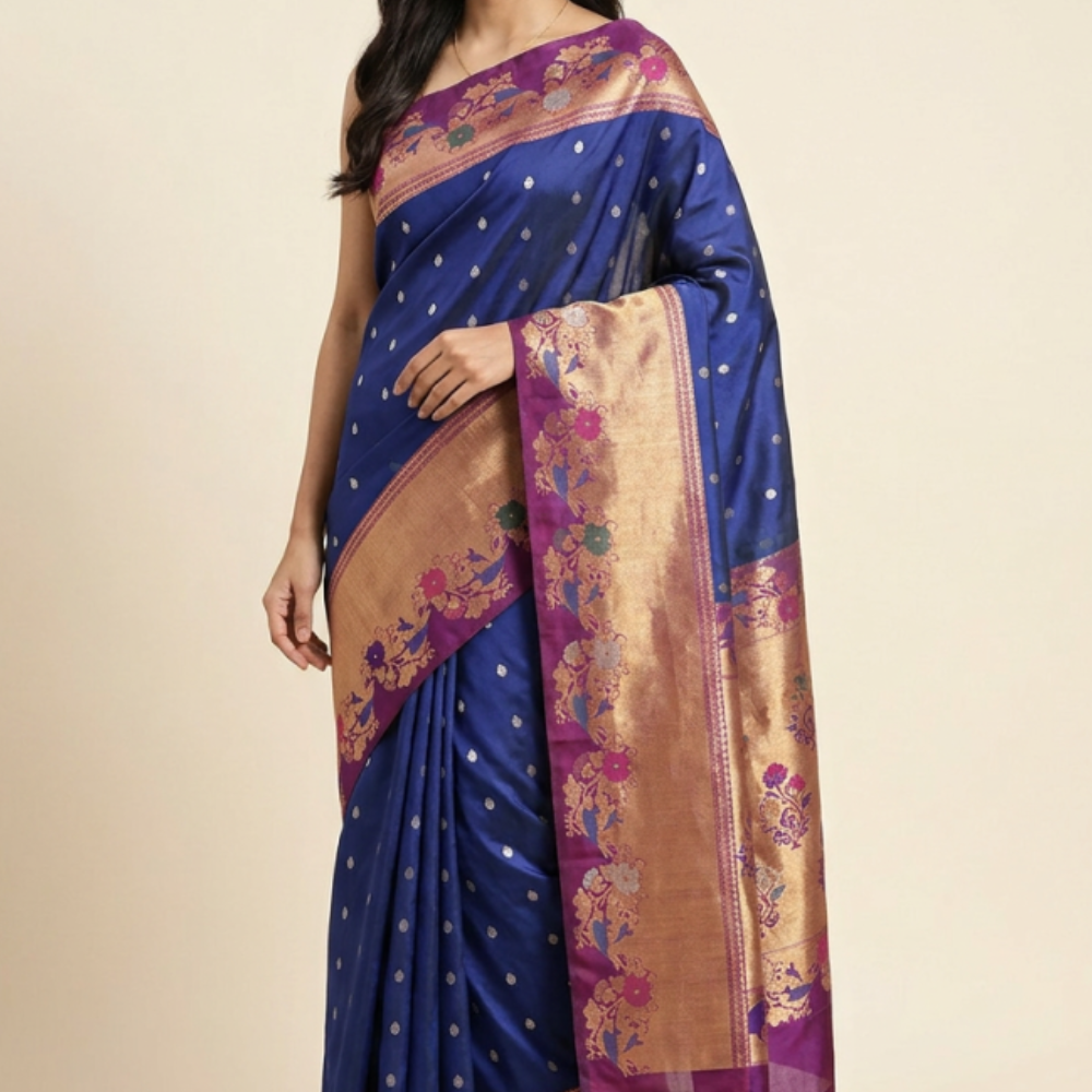 Gadwal Silk Saree featuring all-over zari motifs, intricate meenakari border, rich zari brocade pallu, and contrast blouse.
