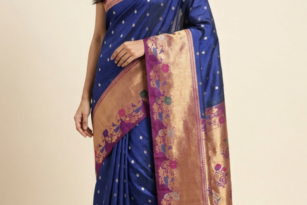 Gadwal Silk Saree featuring all-over zari motifs, intricate meenakari border, rich zari brocade pallu, and contrast blouse.
