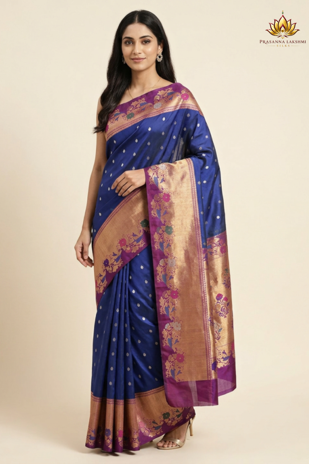 Gadwal Silk Saree featuring all-over zari motifs, intricate meenakari border, rich zari brocade pallu, and contrast blouse.
