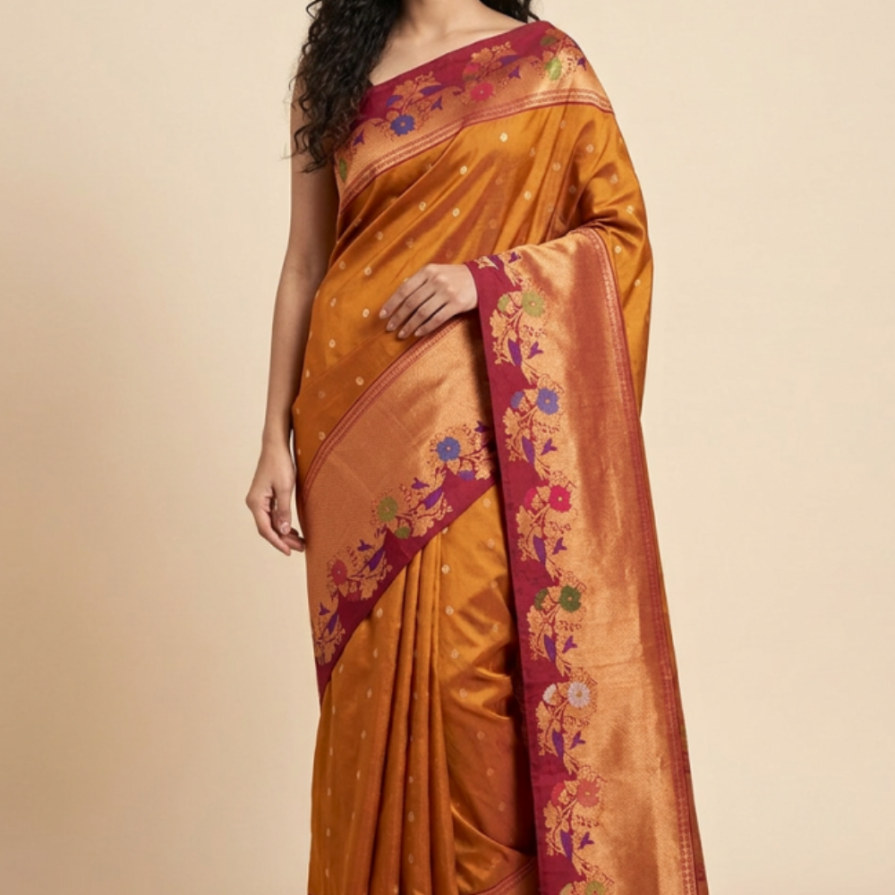 Gadwal Silk Saree featuring all-over zari motifs, intricate meenakari border, rich zari brocade pallu, and contrast blouse.
