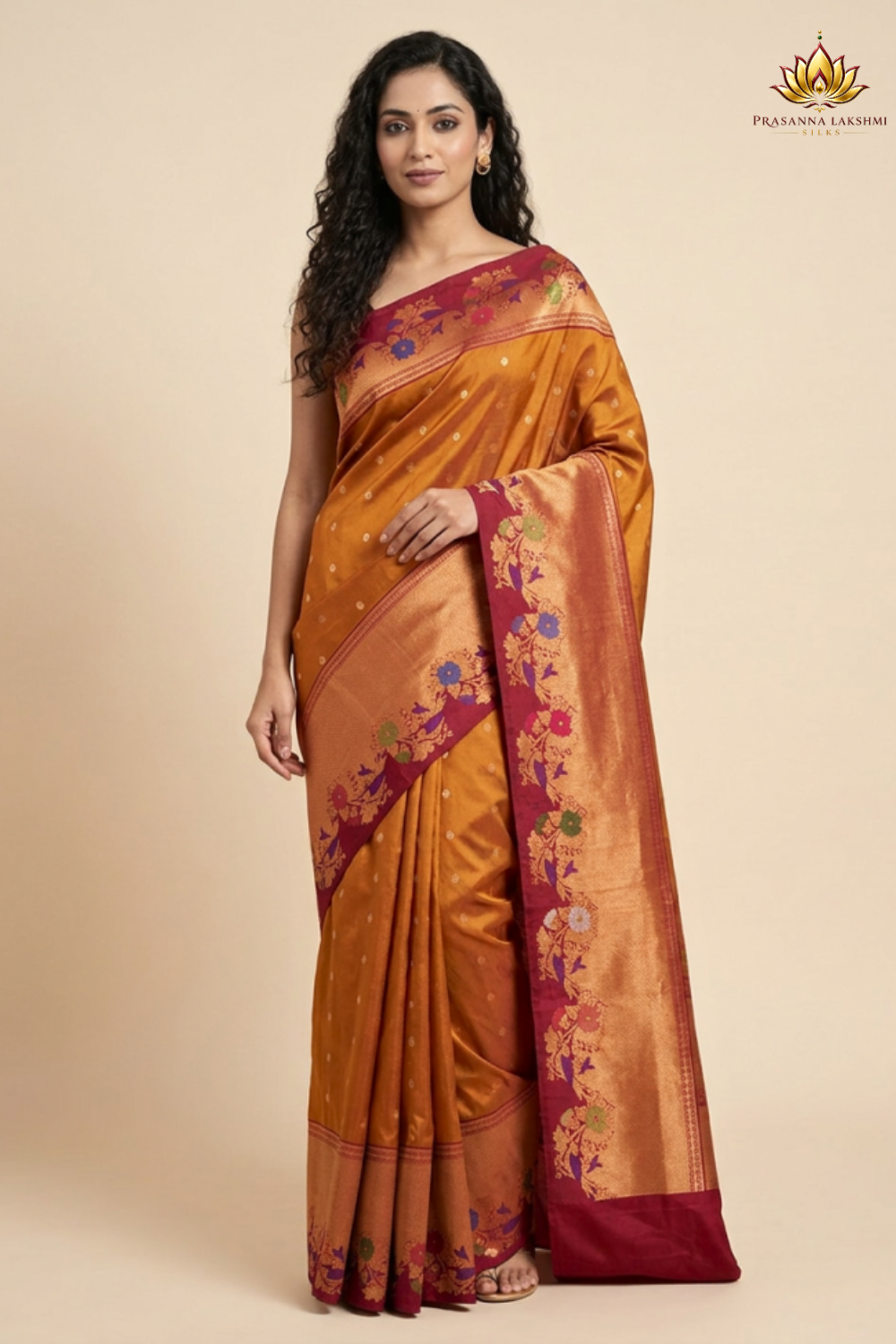 Gadwal Silk Saree featuring all-over zari motifs, intricate meenakari border, rich zari brocade pallu, and contrast blouse.
