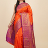 Gadwal Silk Saree featuring all-over zari motifs, intricate meenakari border, rich zari brocade pallu, and contrast blouse.
