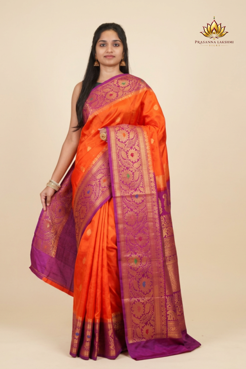 Gadwal Silk Saree featuring all-over zari motifs, intricate meenakari border, rich zari brocade pallu, and contrast blouse.
