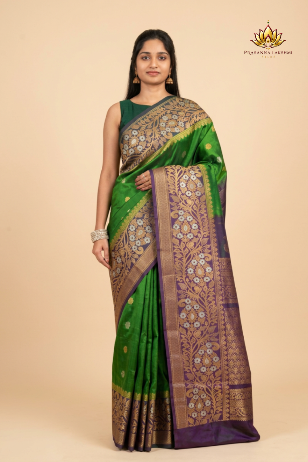 Gadwal Silk Saree featuring all-over zari motifs, intricate meenakari border, rich zari brocade pallu, and contrast blouse.
