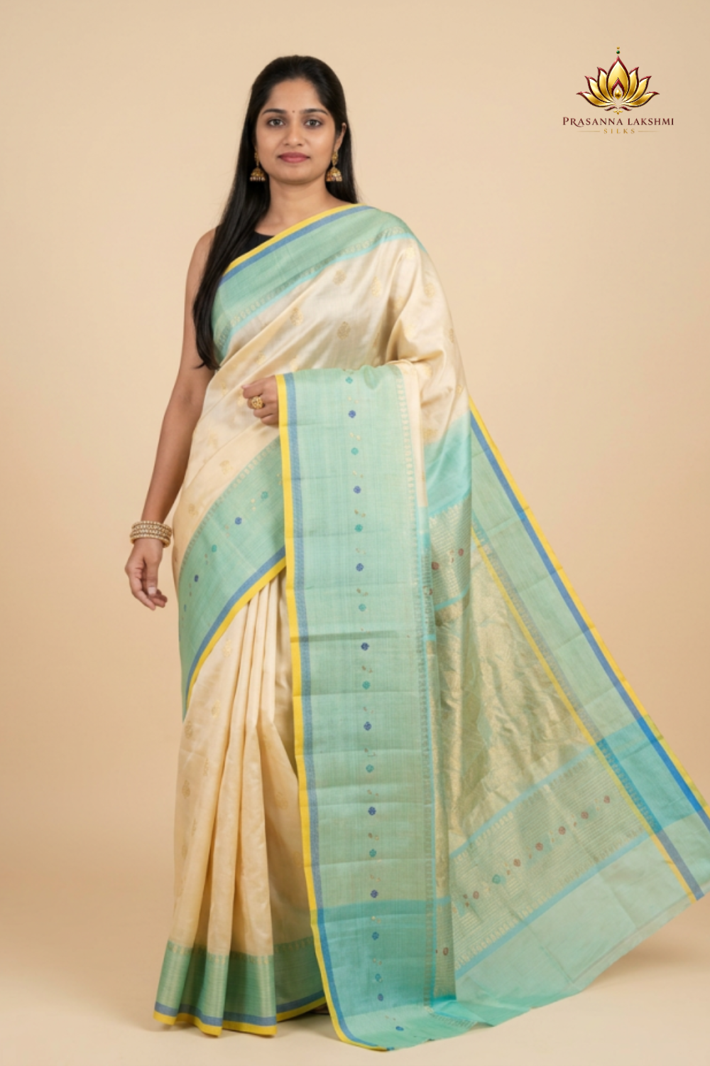 Gadwal Silk Saree featuring all-over zari motifs, intricate meenakari border, rich zari brocade pallu, and contrast blouse.
