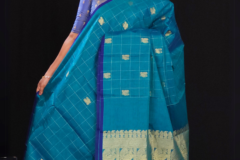 Light Peacock Blue Kanjeevaram Cotton Saree