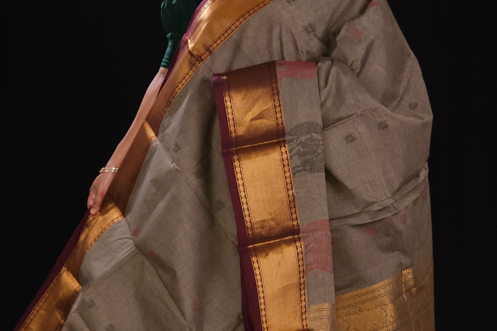 Grey and Maroon Kanjeevaram Cotton Saree