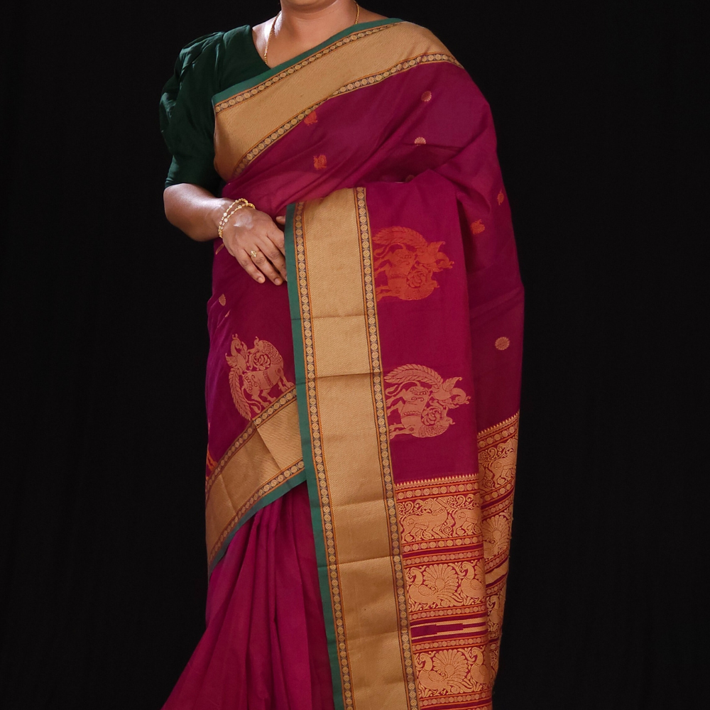 Majenta and Green Kanjeevaram Cotton Saree