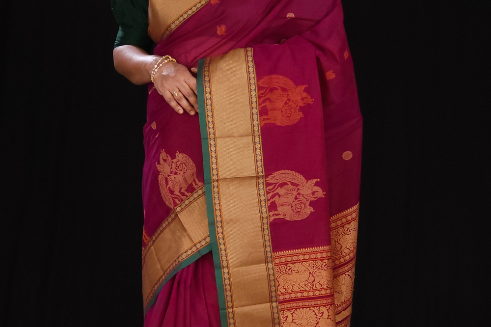Majenta and Green Kanjeevaram Cotton Saree