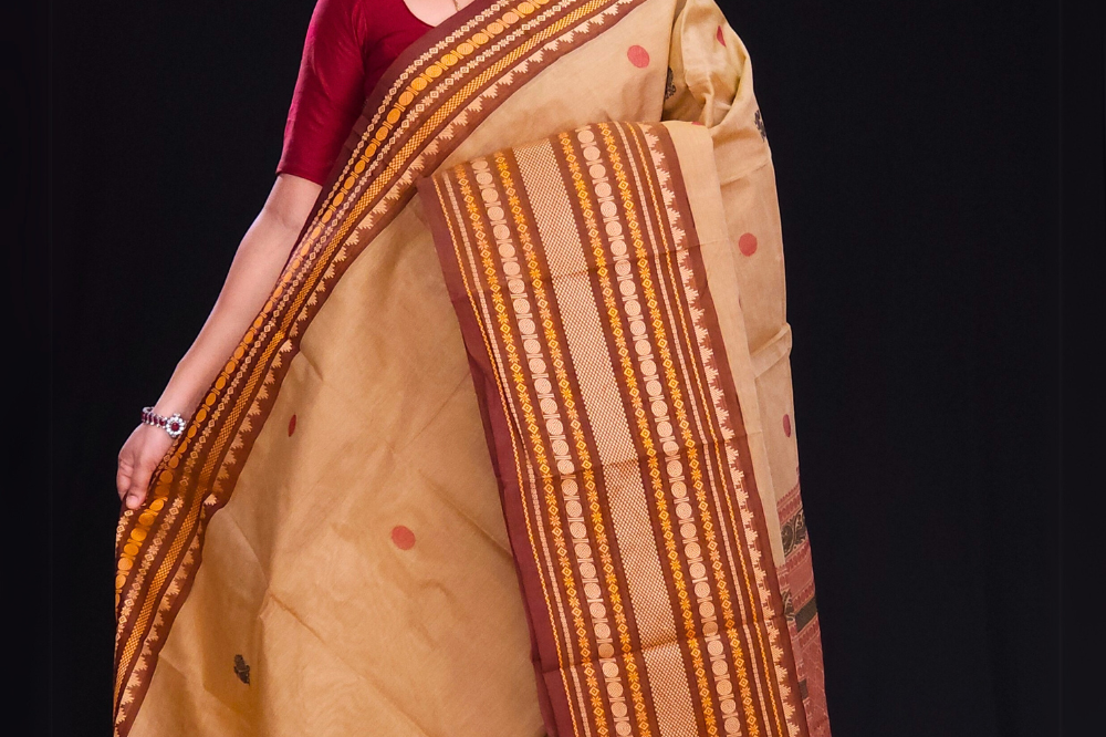 Light Brown and Chocolate Brown Kanjeevaram Cotton Saree