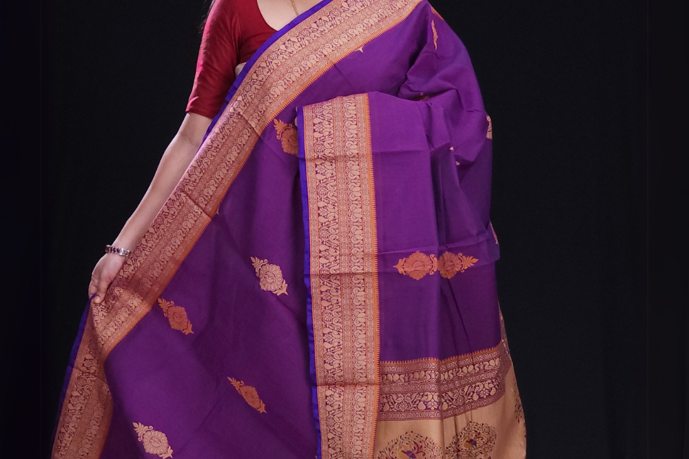 Handloom Kanjeevaram cotton saree with temple motifs
