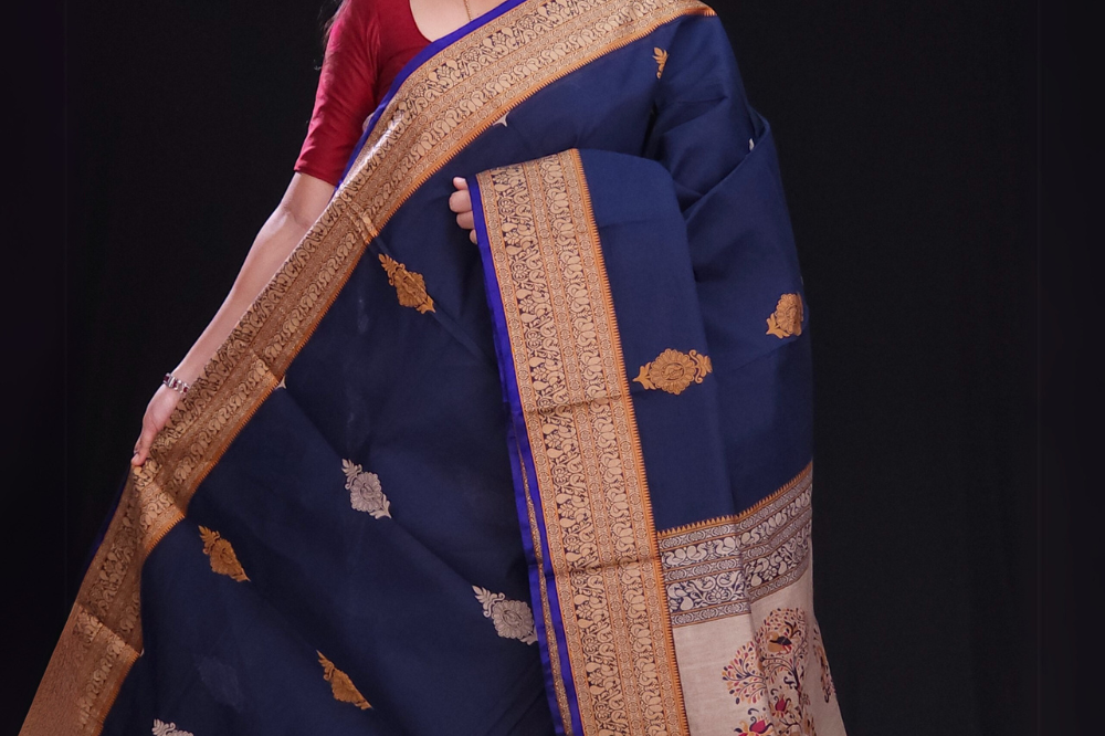 Prussian blue kanjeevaram cotton Saree