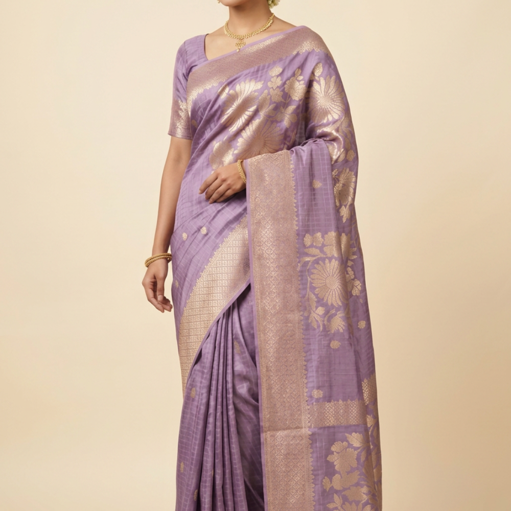 Banarasi Munga silk saree with all-over zari woven floral motifs and rich brocade pallu.
