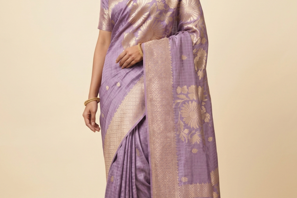 Banarasi Munga silk saree with all-over zari woven floral motifs and rich brocade pallu.
