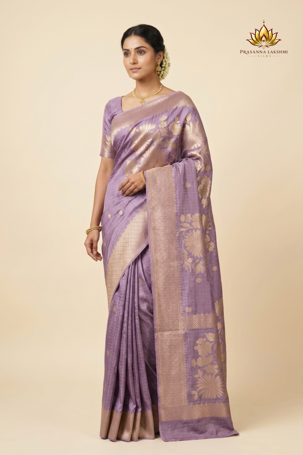 Banarasi Munga silk saree with all-over zari woven floral motifs and rich brocade pallu.

