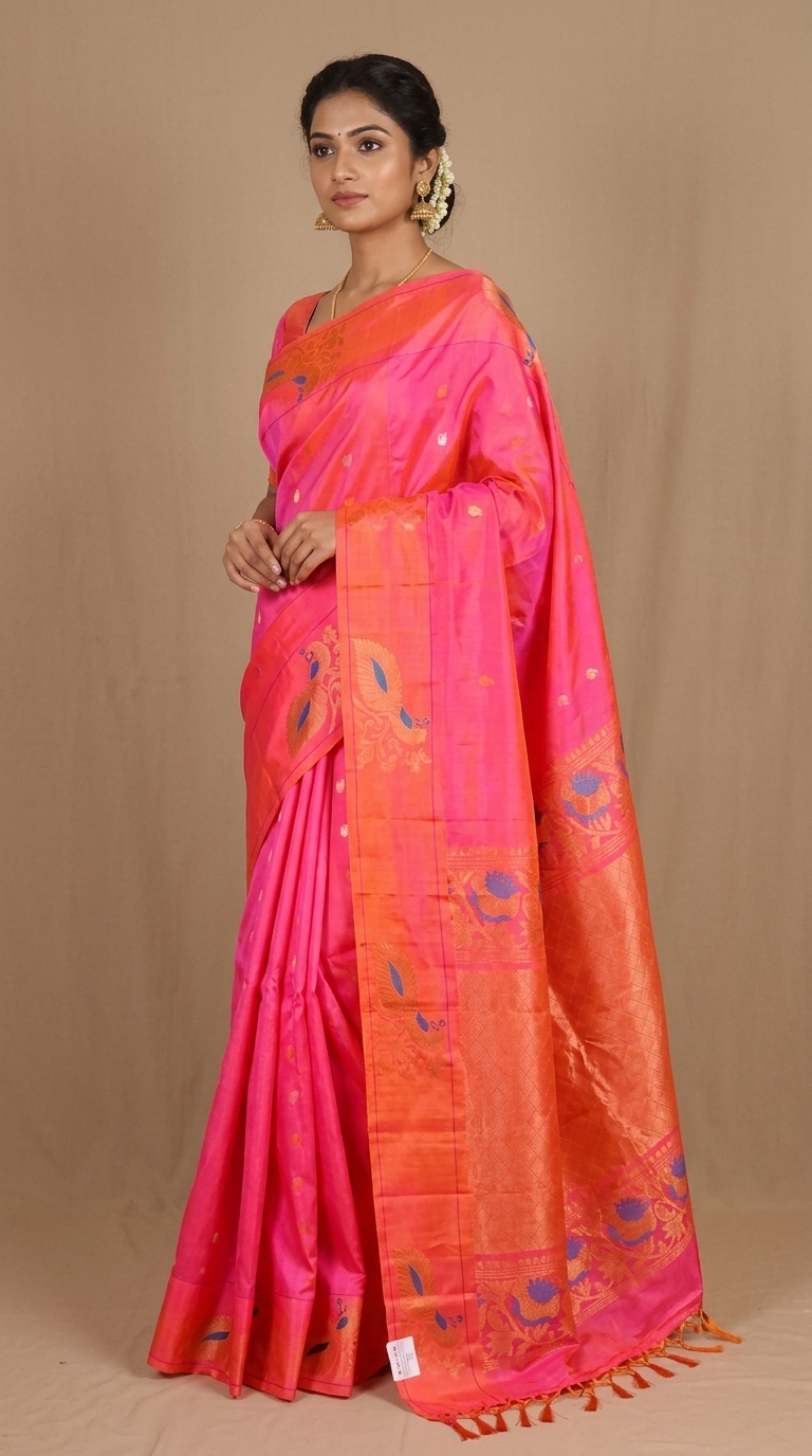 Pure handloom Gadwal silk saree with all-over zari motifs and intricate turning borders
