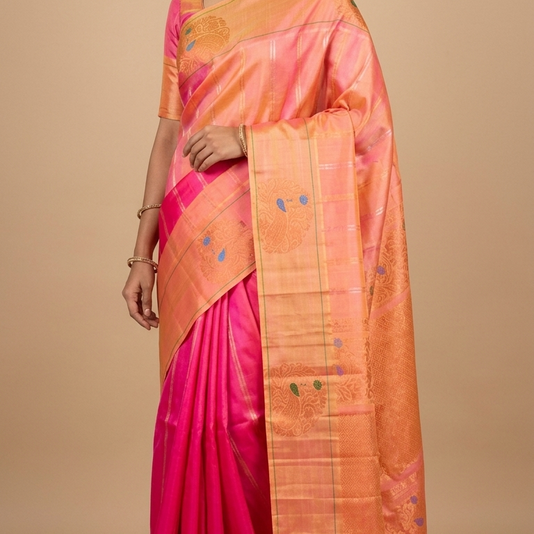 Pure handloom Gadwal silk saree with all-over zari motifs and intricate turning borders
