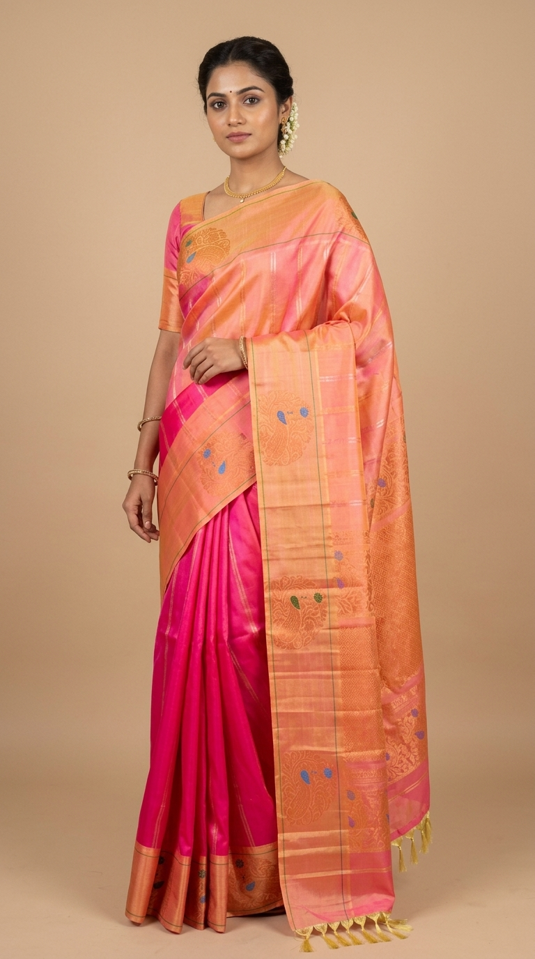 Pure handloom Gadwal silk saree with all-over zari motifs and intricate turning borders
