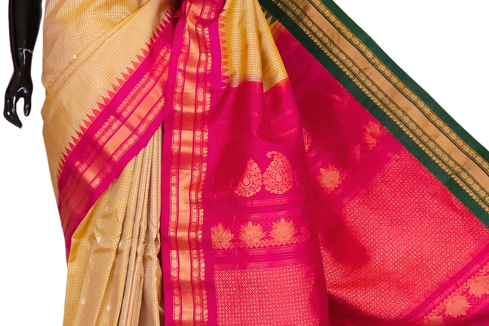 Gadwal Zari checks silk sarees Ganga Jamuna borders 