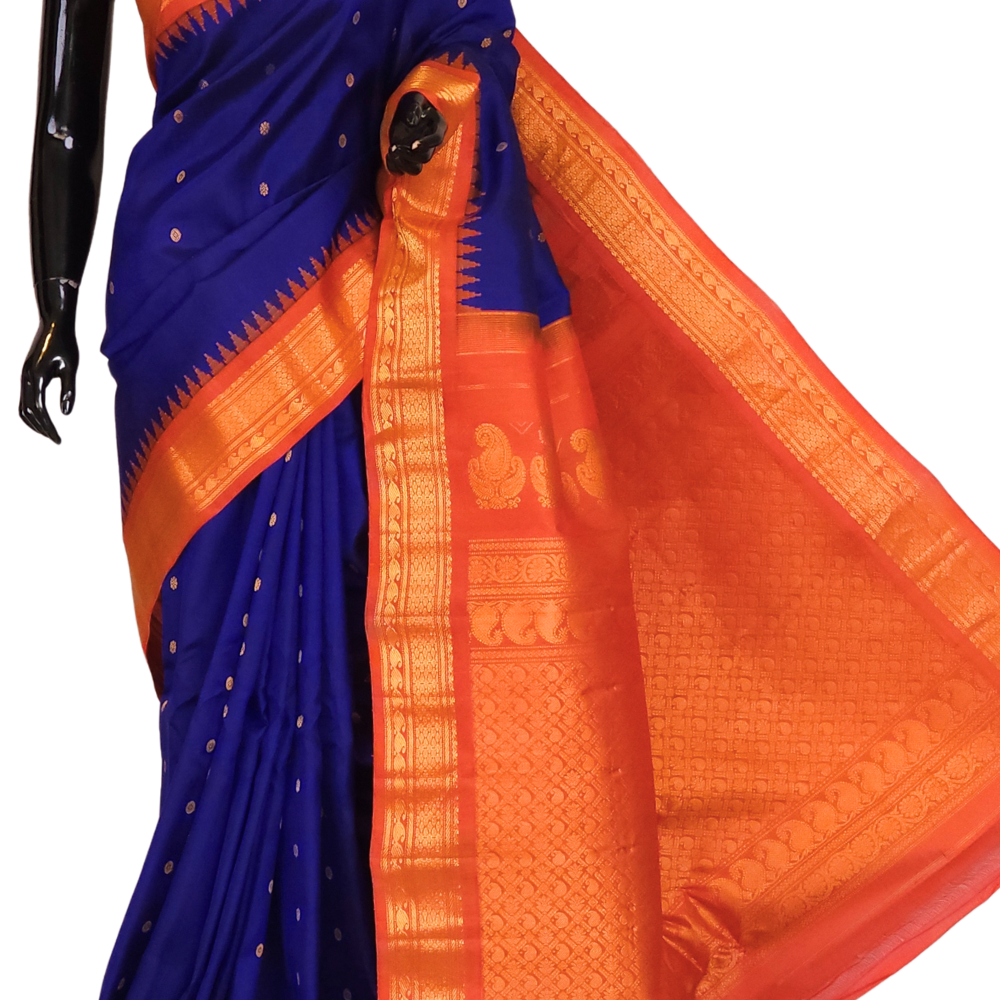 Traditional Gadwal pattu saree with contrast blouse
