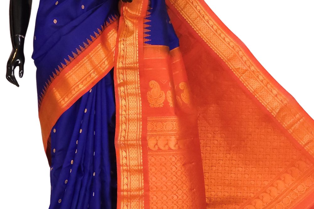 Traditional Gadwal pattu saree with contrast blouse
