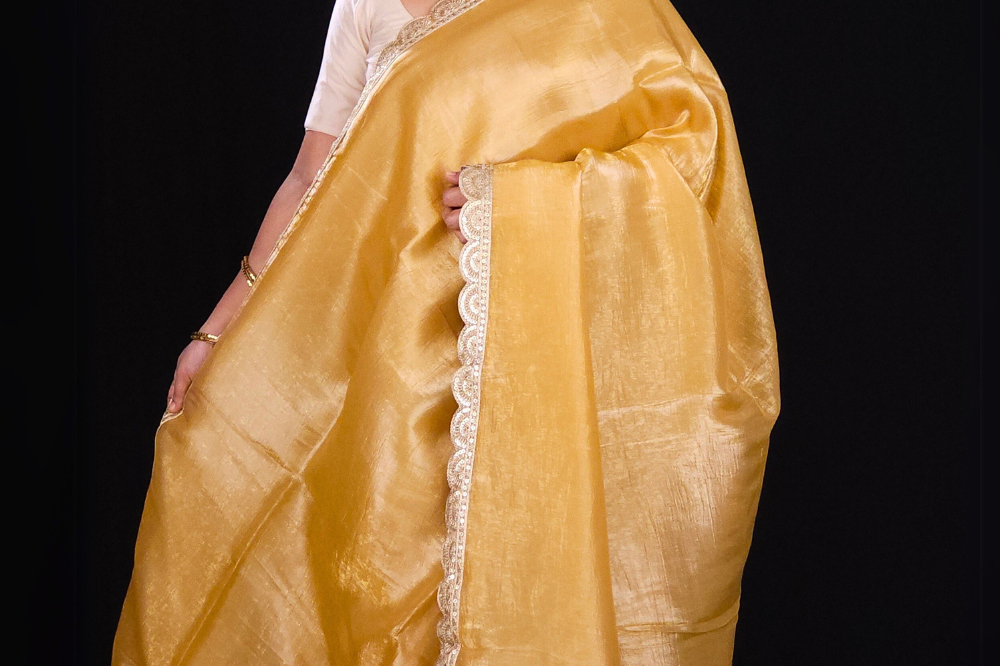 golden yellow crush tissue saree for parties and small ocassions 