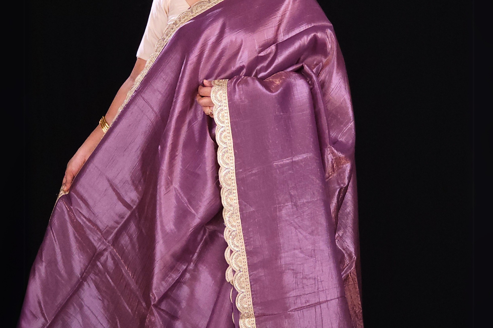 mauve Designer crush tissue saree with cutwork detailing