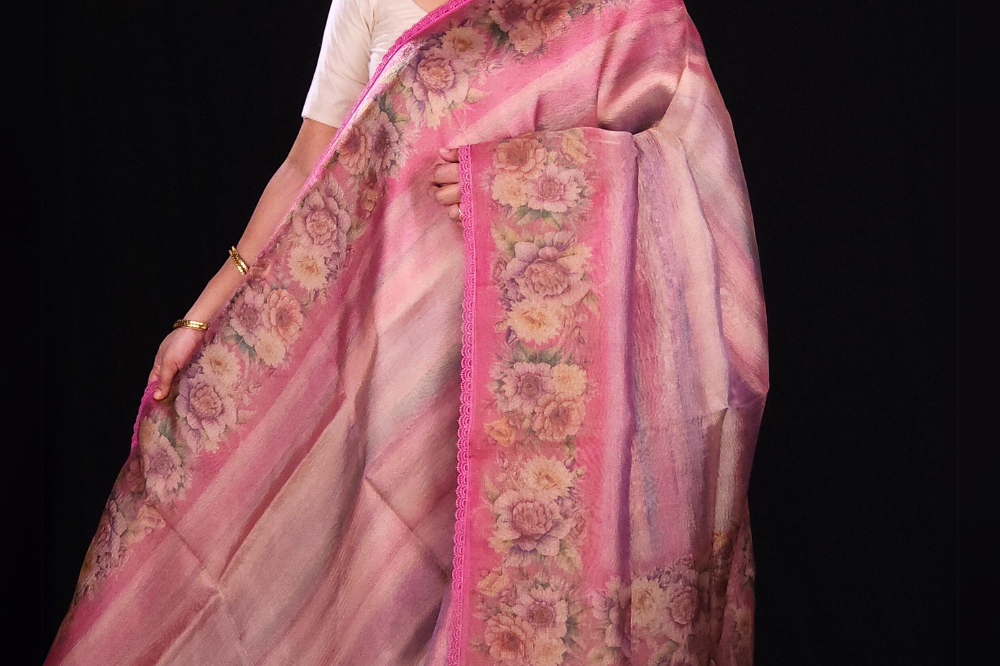 rose pink Tissue silk saree with digital printed pallu