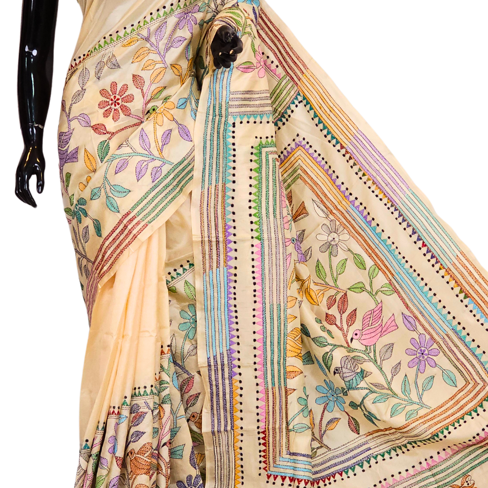 Handcrafted Kantha stitch saree