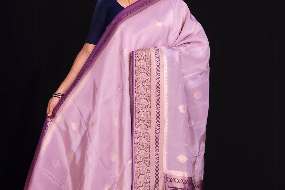 Light Lilac and Deep Violet "Banaras Munga silk saree with allover Floral motifs and contrast pallu, blouse"