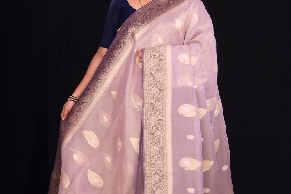 Light Lilac and Violet Banarasi tissue silk saree with rich zari detailing"