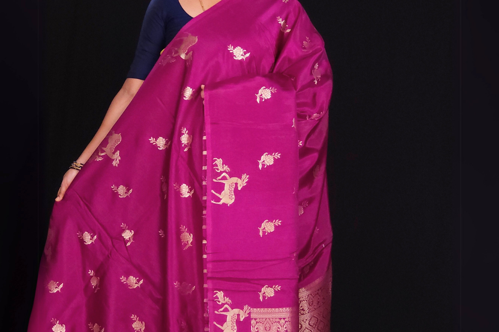 purple Banaras Munga silk saree in vibrant festive colors