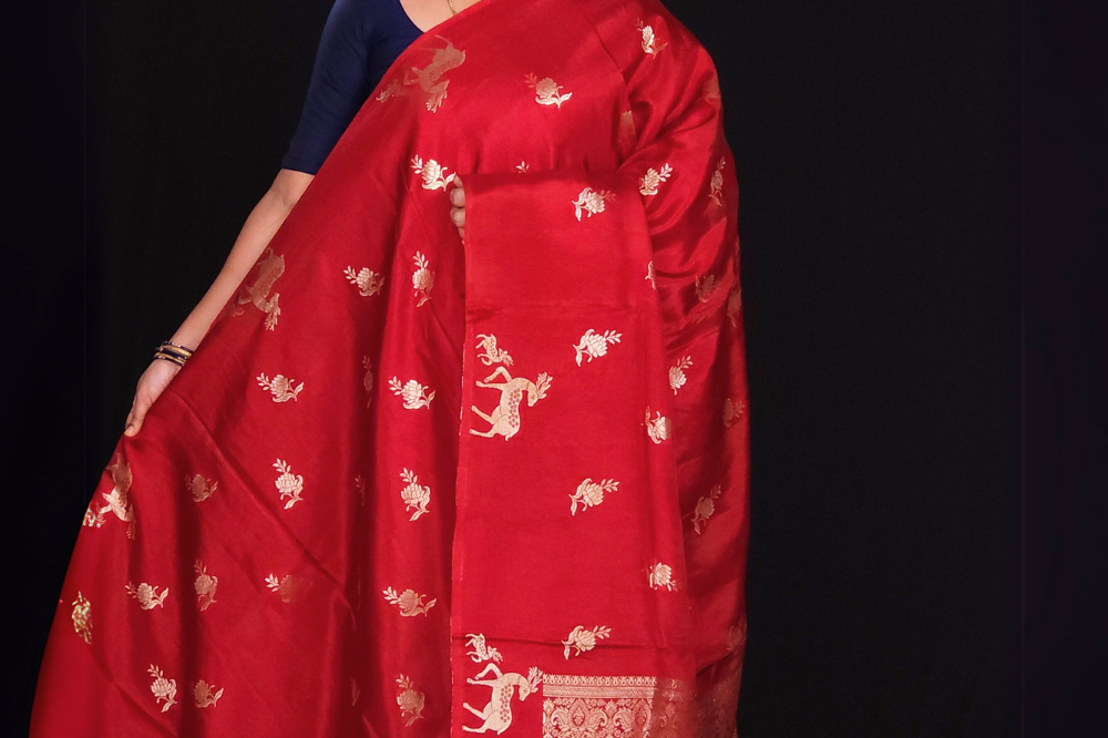 maroon Banaras Munga silk saree in vibrant festive colors