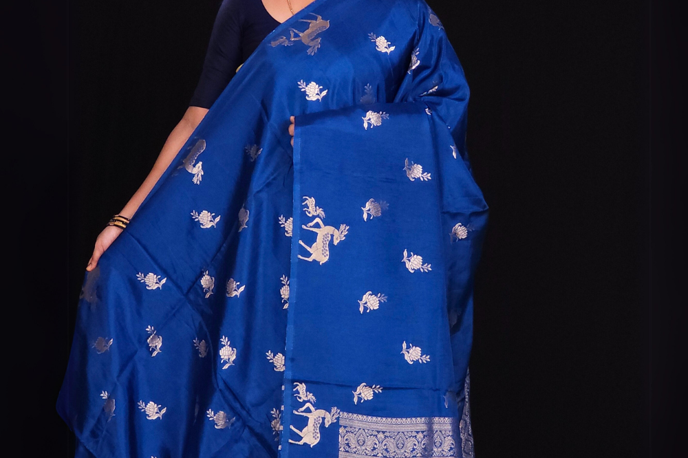 blue Banaras Munga silk saree in vibrant festive colors