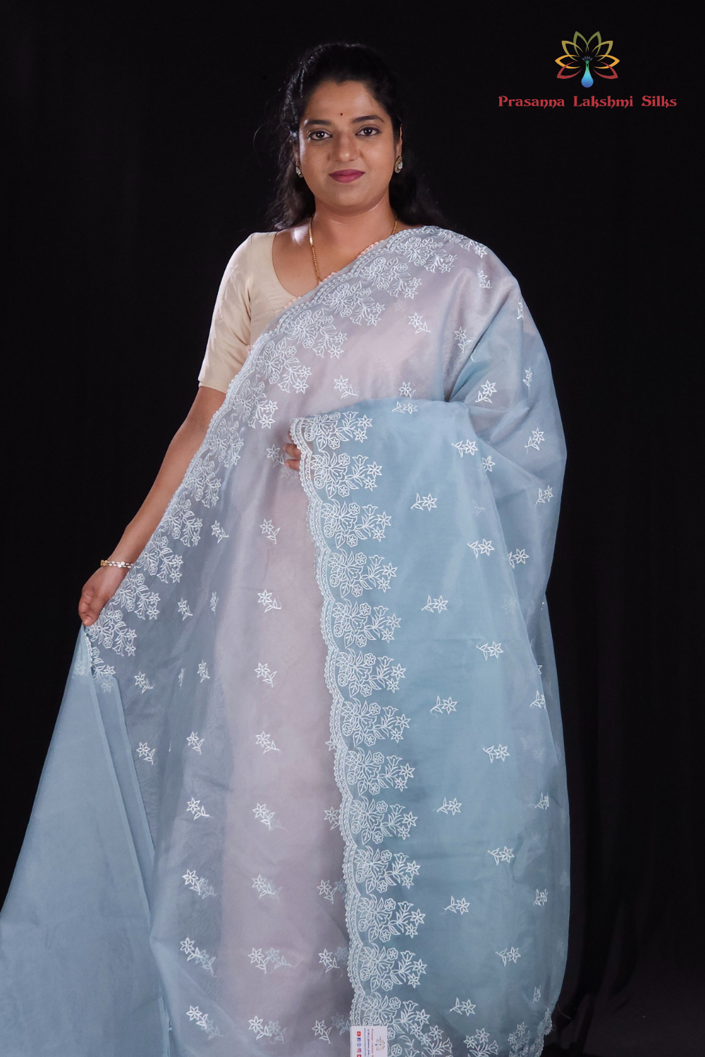 Powder Blue Organza Saree for parties