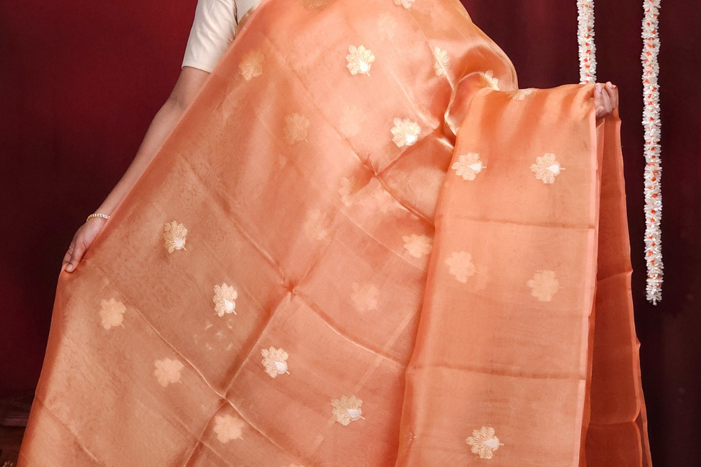 Woman wearing a peach saree with white floral patterns against a red background