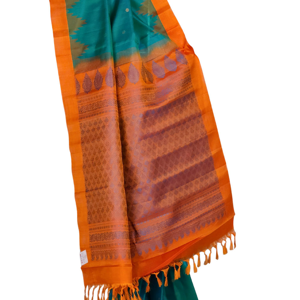 Peacock Green Handloom Gadwal Pure Silk Saree with rich orange zari woven border and brocade pallu

