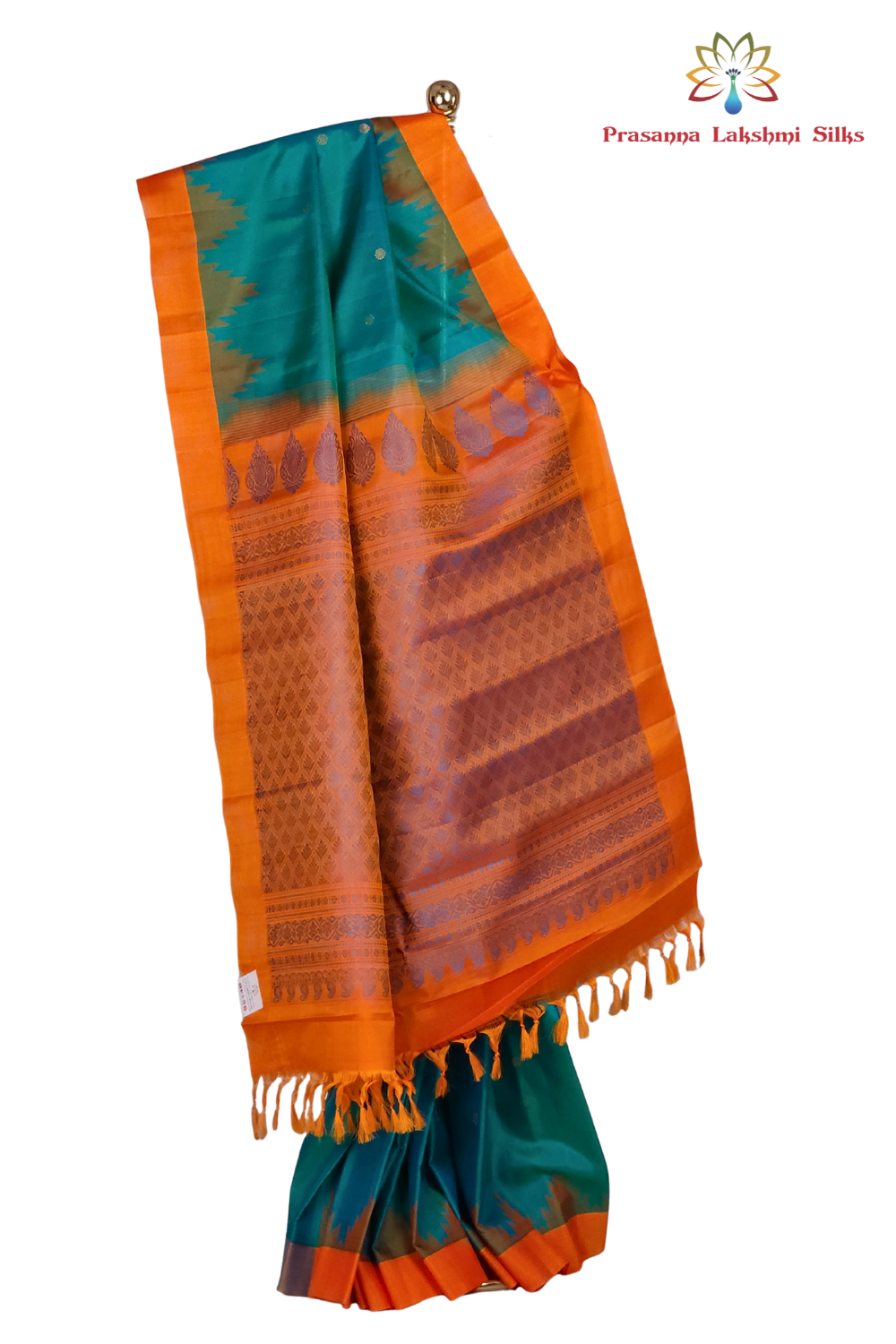 Peacock Green Handloom Gadwal Pure Silk Saree with rich orange zari woven border and brocade pallu

