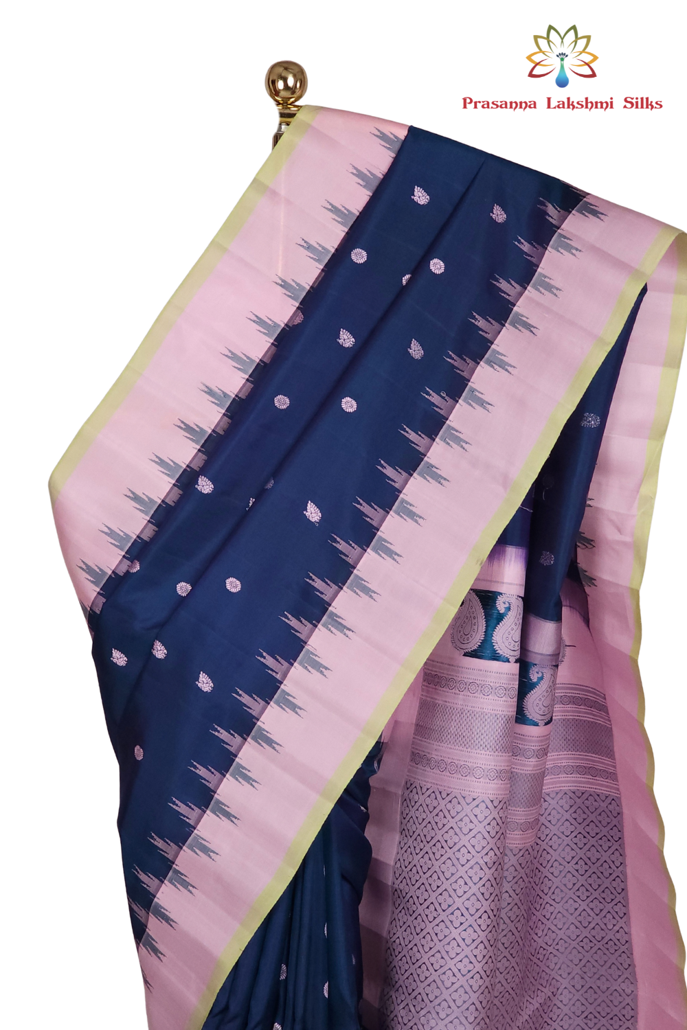 Peacock blue handloom Gadwal pure silk saree with lotus pink zari border and rich brocade pallu
