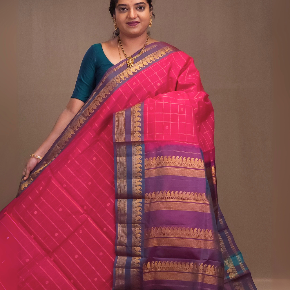 Pink Gadwal silk cotton saree with Rama Green zari-woven border