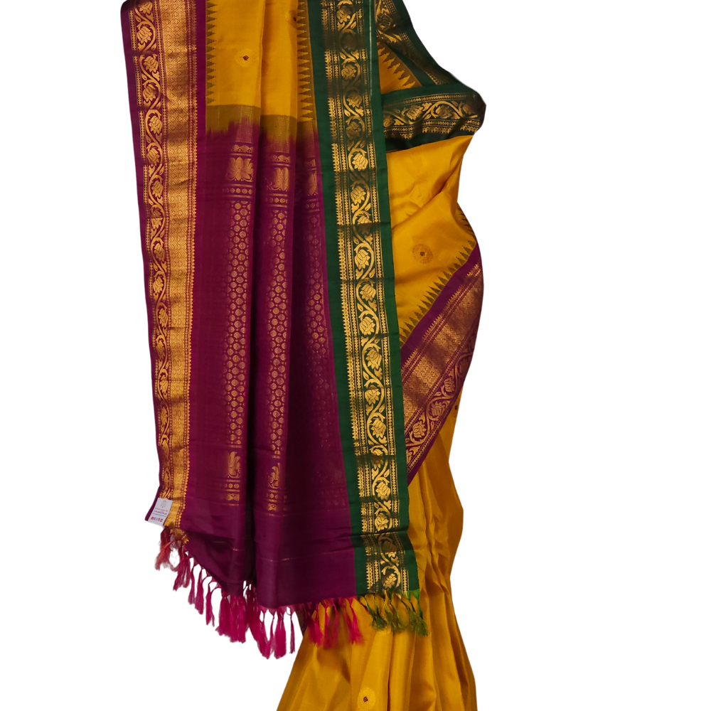Pure Gadwal Silk Saree – Gold Yellow & Purple