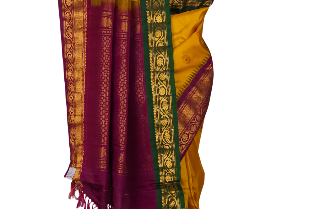 Pure Gadwal Silk Saree – Gold Yellow & Purple