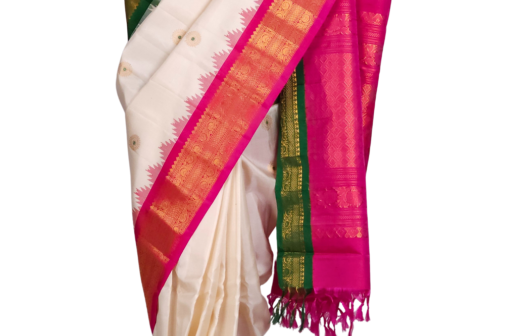 Pure Gadwal Silk Saree – Half White & Pink