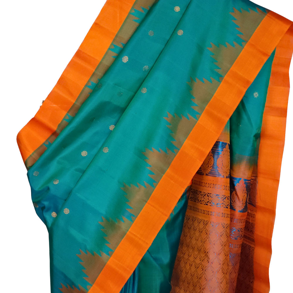 Pure Gadwal Silk Saree – Peacock Green & Orange