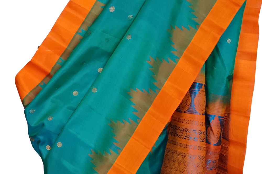 Pure Gadwal Silk Saree – Peacock Green & Orange